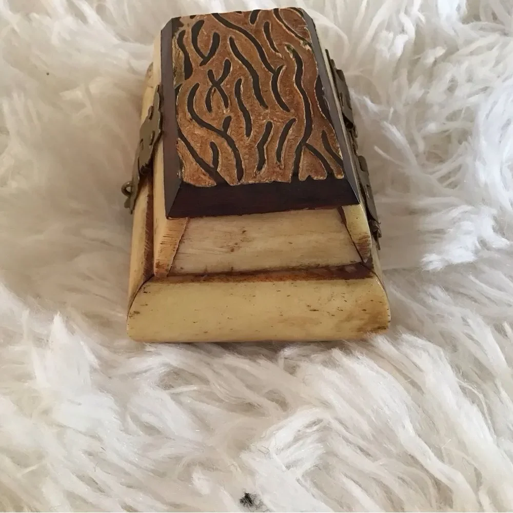 Handcrafted Trinket Box Camel Bone Brass Hinges Velvet Lined Carved Wood Top - Picture 2 of 7